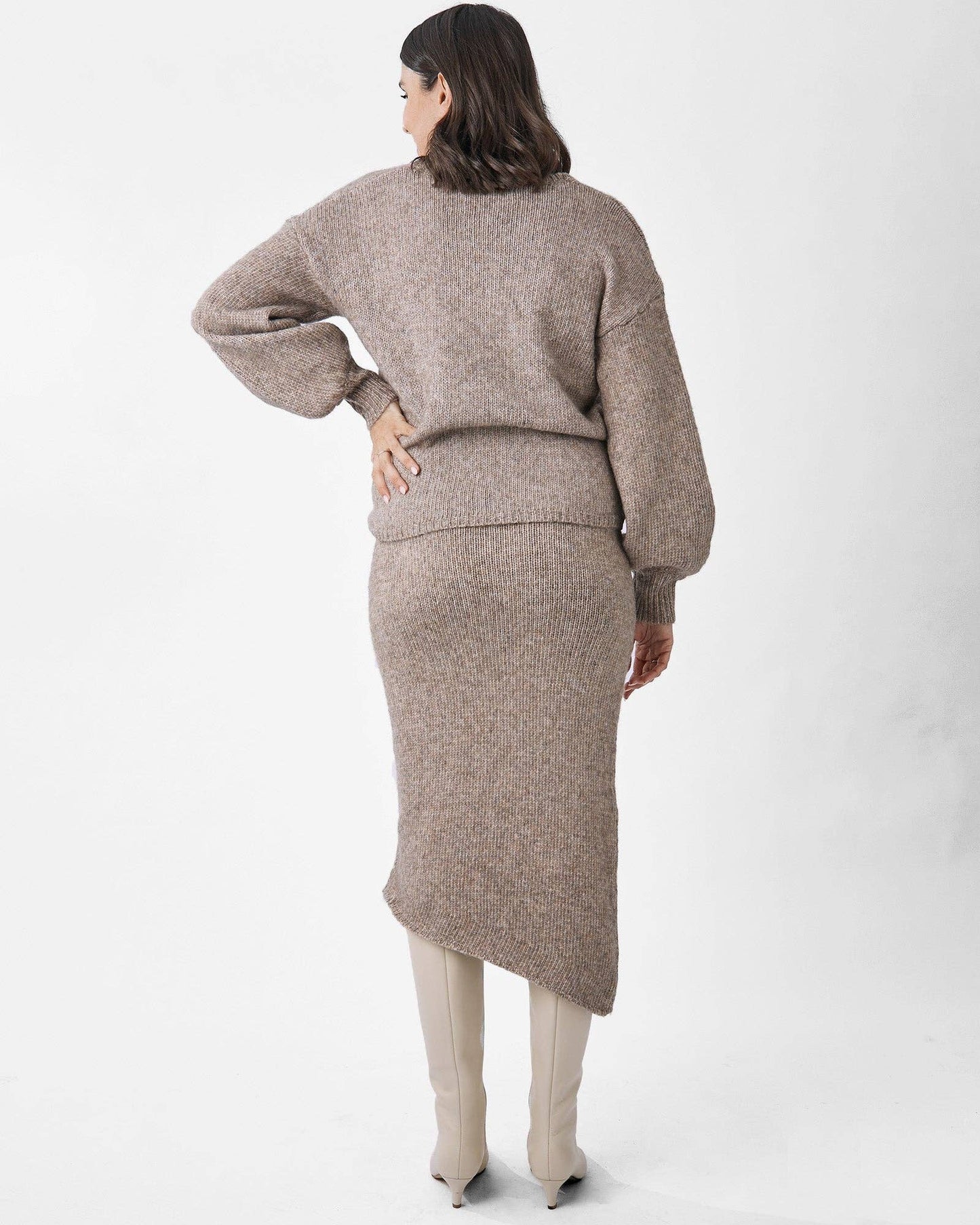 Asymmetrical Knit Midi Skirt -Taupe