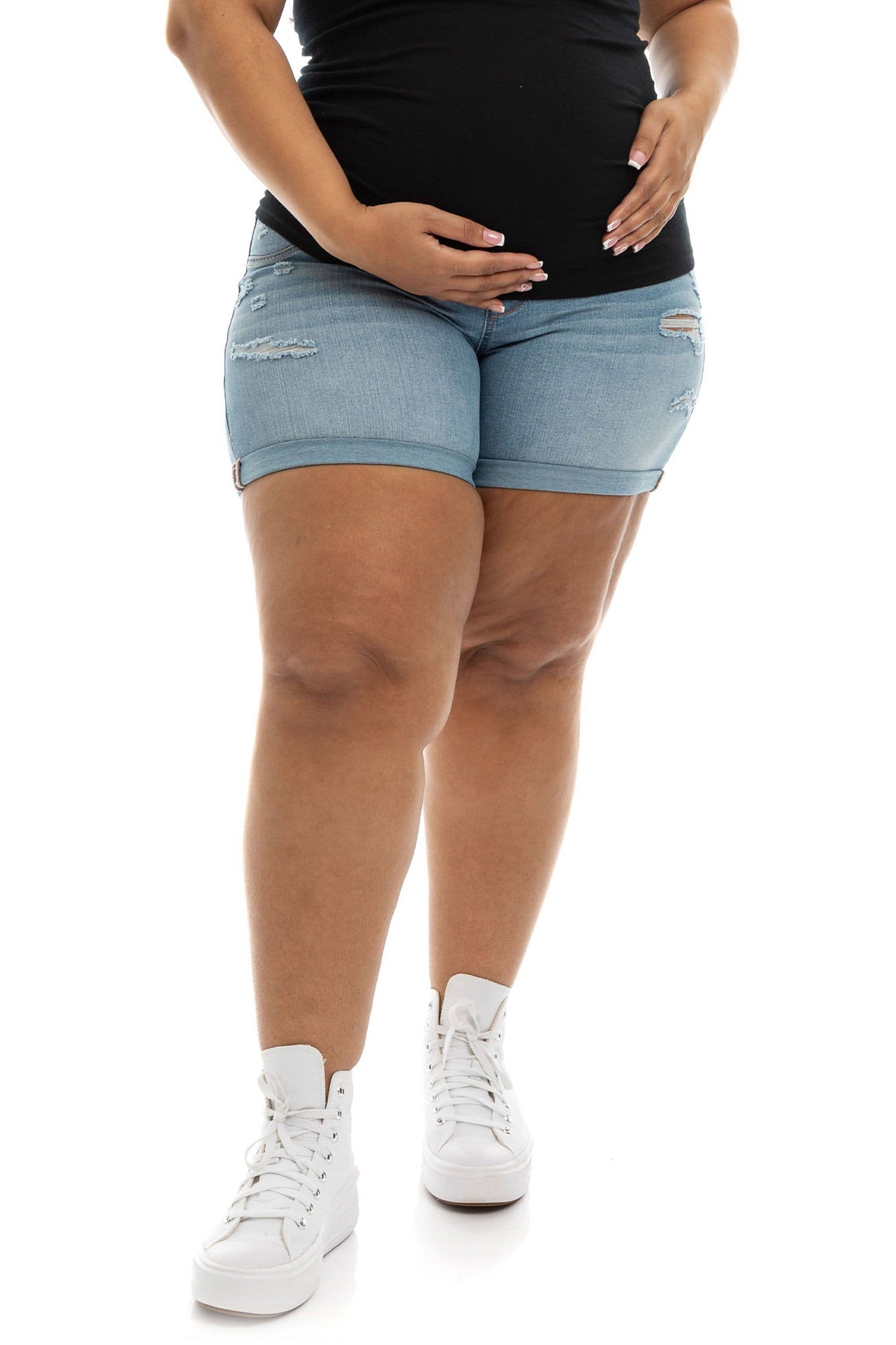 Maternity Plus Roll Cuff Jean Shorts w/ Bellyband in Ines