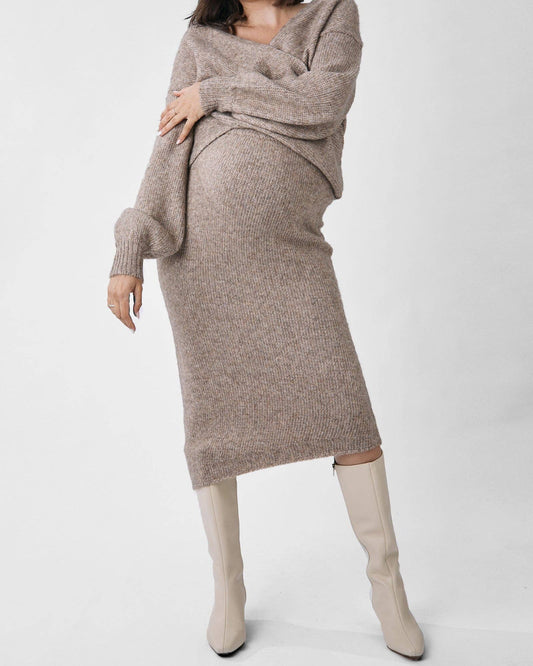 Asymmetrical Knit Midi Skirt -Taupe