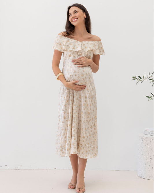 Maternity Ruffle Dress in Cream Floral Silky
