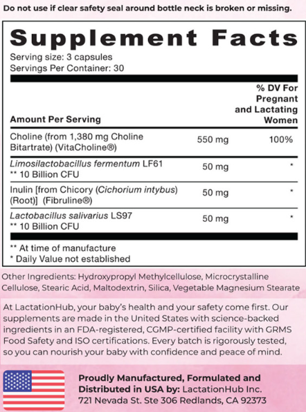 BreastHealth+ Pregnancy & Breastfeeding Probiotic with Choline and Prebiotics for Clogged Ducts & Mastitis