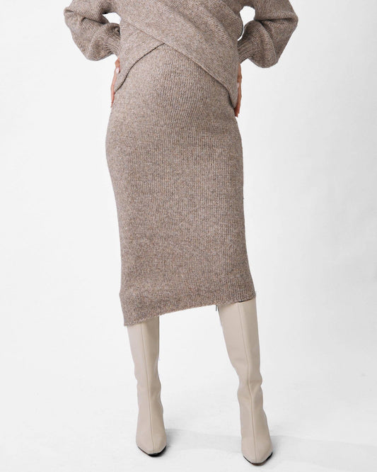 Asymmetrical Knit Midi Skirt -Taupe