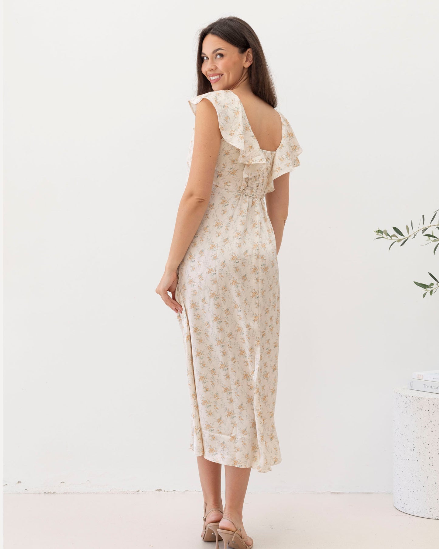 Maternity Ruffle Dress in Cream Floral Silky