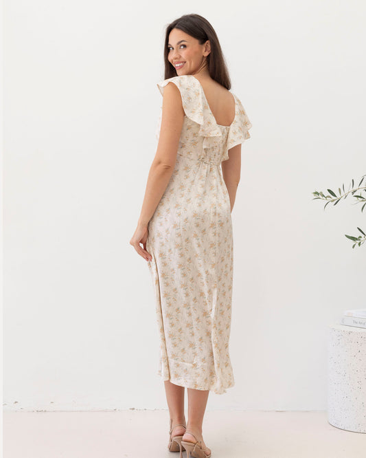 Maternity Ruffle Dress in Cream Floral Silky