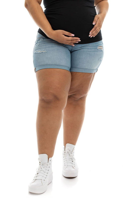 Maternity Plus Roll Cuff Jean Shorts w/ Bellyband in Ines