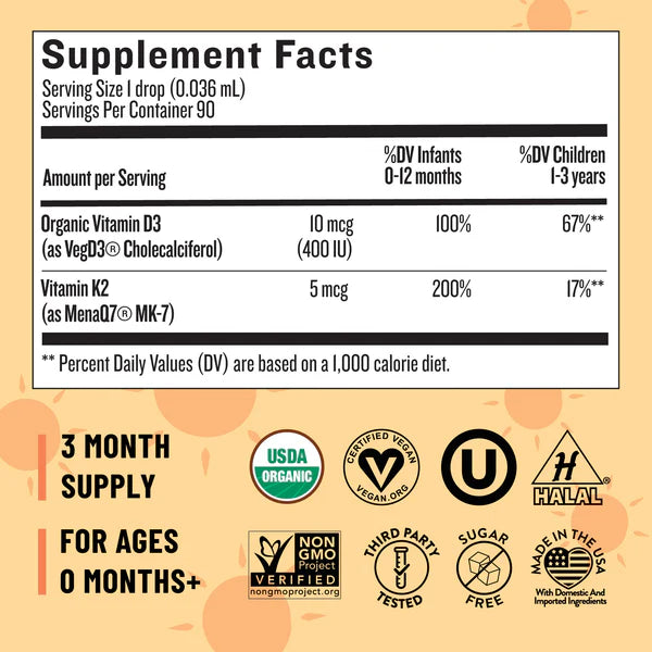Organic Baby and Toddler D3&K2 Drops