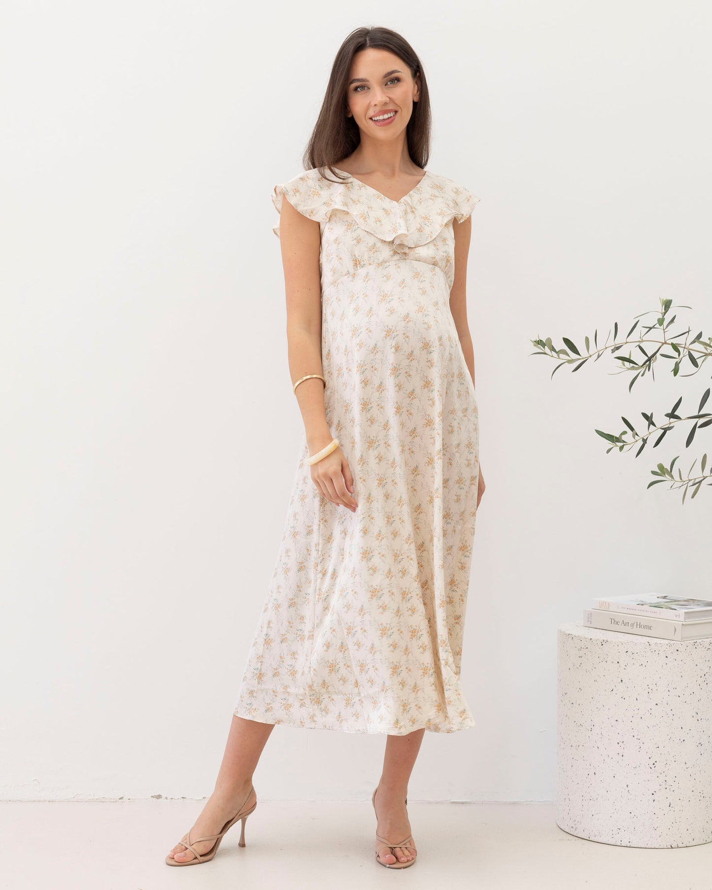 Maternity Ruffle Dress in Cream Floral Silky
